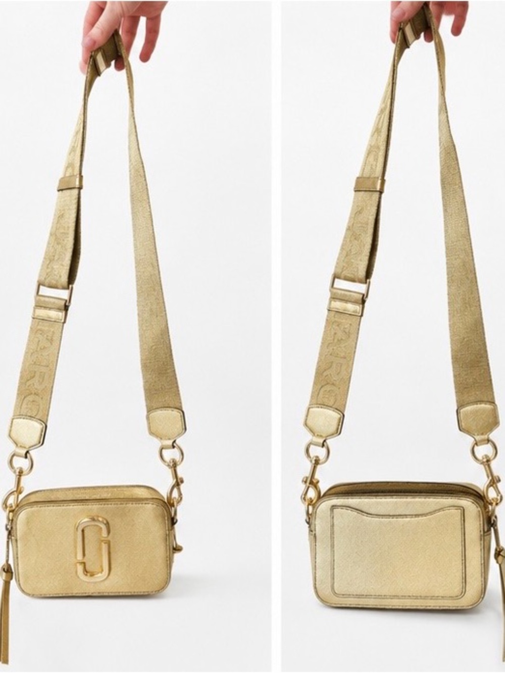 Marc Jacobs Metallic Gold Crossbody Camera Bag with Logo Strap